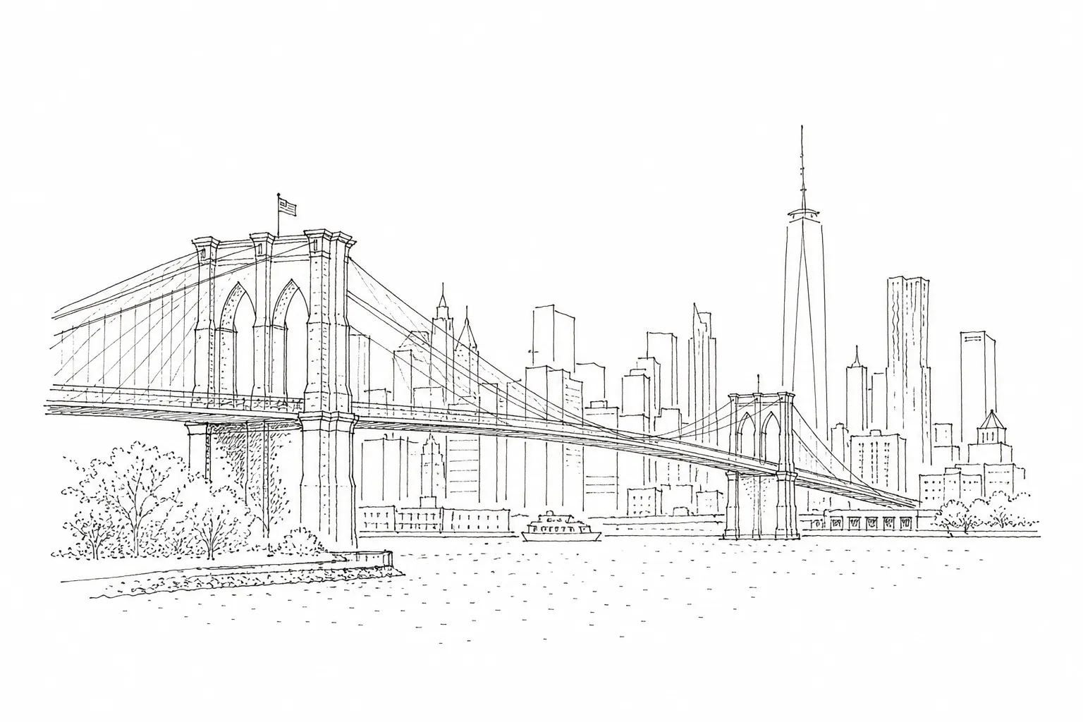A thin-line pen sketch of the Brooklyn Bridge with the lower Manhattan skyline behind it
